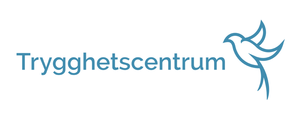 Trygghetscentrum logo med blå text och en stiliserad blå fågel på en grå bakgrund.
